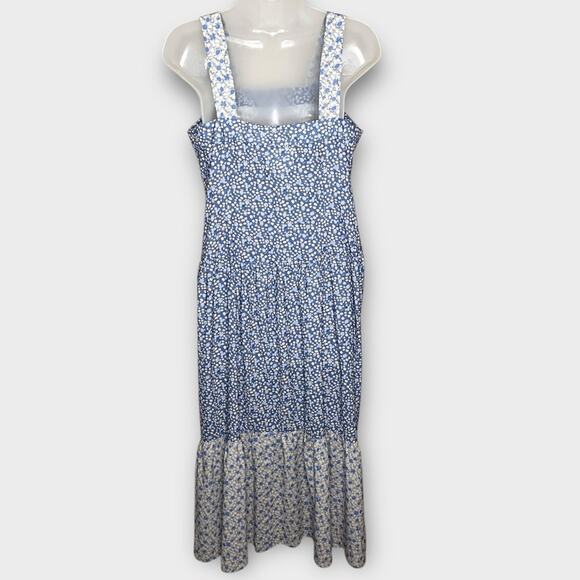 POMEGRANATE Blue Multi Floral Tiered Crepe Prairie Midi Dress Size Small - Picture 4 of 6